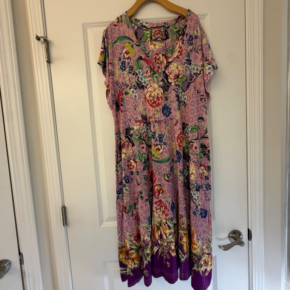 Johnny Was Pink Floral Bamboo Tiered Midi Dress XXL Boho Split Neck‎ T31522-5